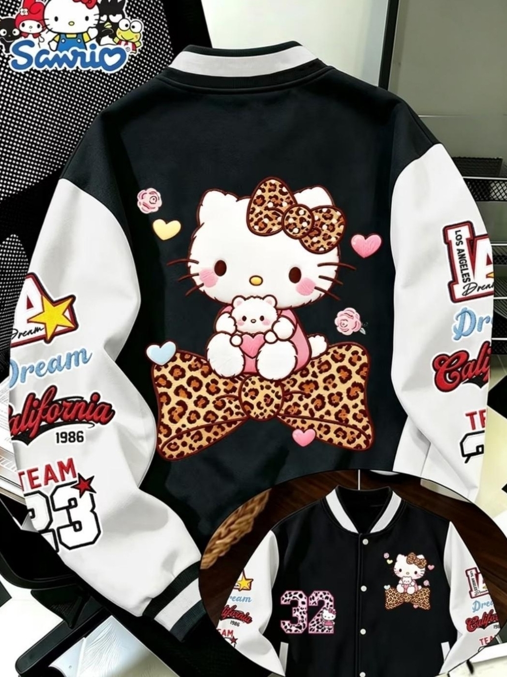 Sanrio Hello Kitty Leopard Bow Varsity Jacket - Black & White